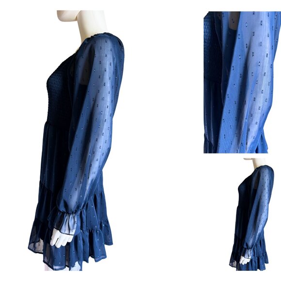 Altar’d State Blue Smocked Long Sleeve Tiered Mini Dress Size M – Lined Boho Fit - Picture 2 of 3